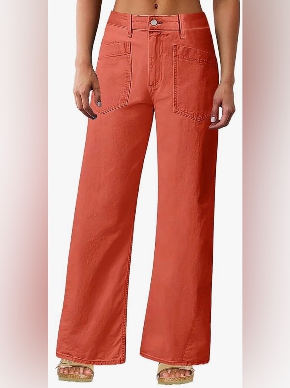 Flamingals Wide Leg Patch Pocket Jeans in Coral Red Size Large NWT